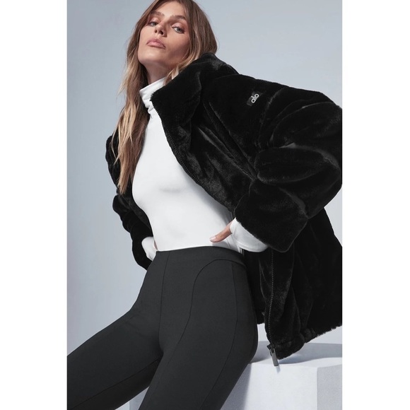 ALO Yoga Knock Out Faux Fur and Leather Hooded Oversized Jacket Coat Black - Picture 13 of 14